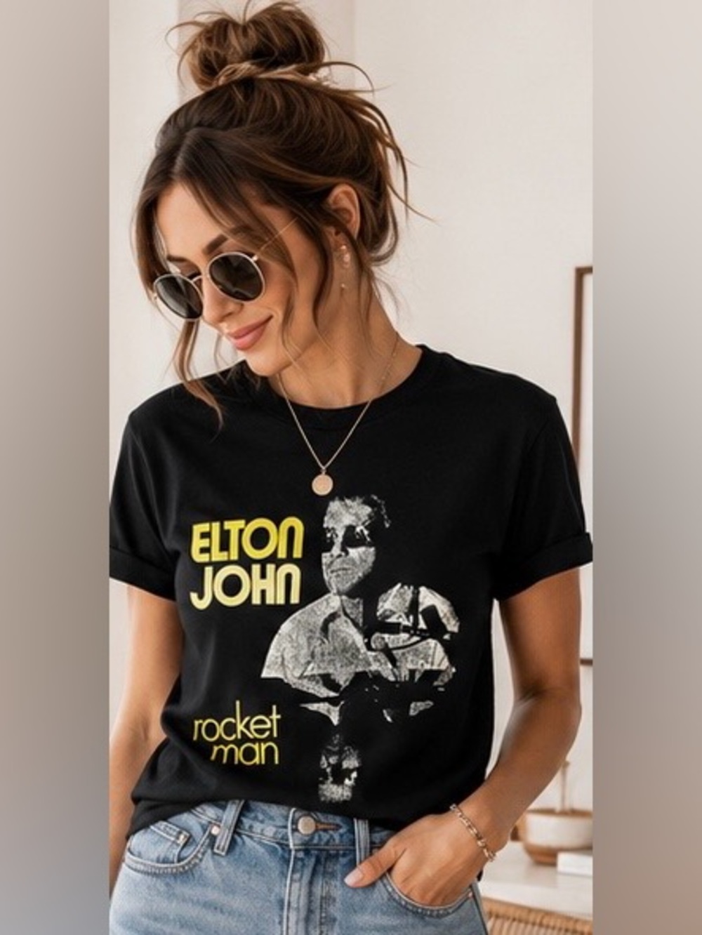Elton John Rocket Man Black Graphic T-Shirt Official Tour Merchandise Music Icon